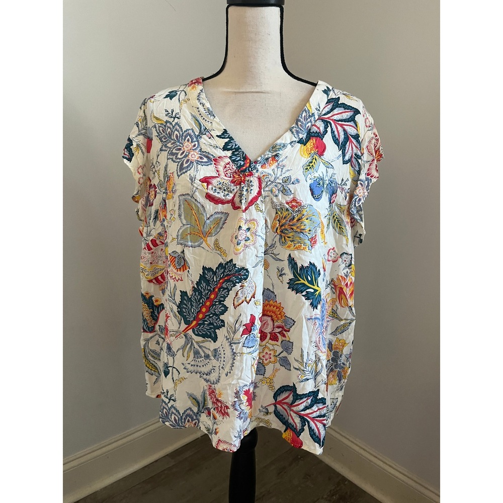 Floral V-Neck Blouse 2XL Cream Boho Chic Coastal Grandma Colorful Cottagecore